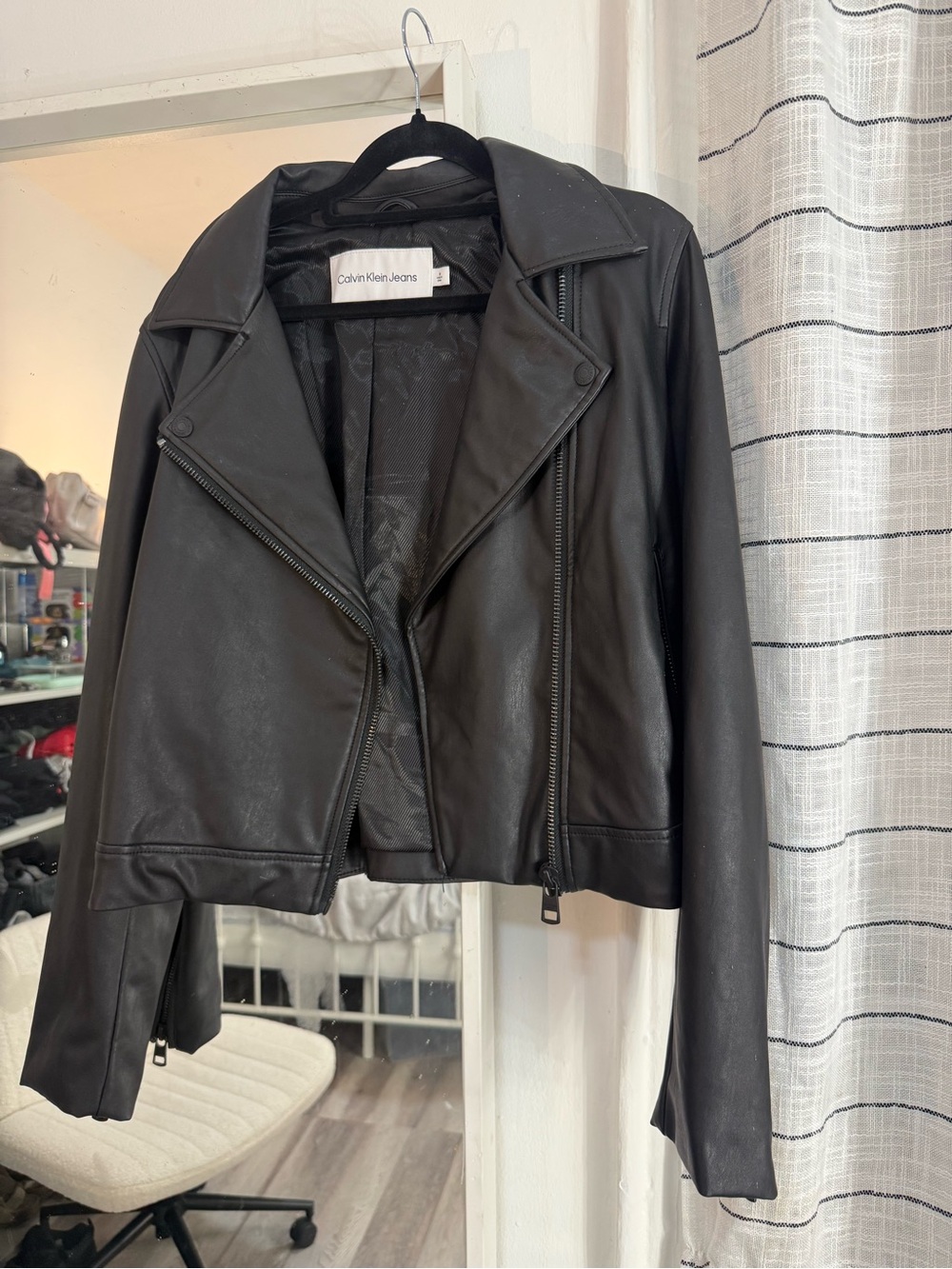 Calvin Klein Jeans Black Leather Moto Jacket with Asymmetrical Zip